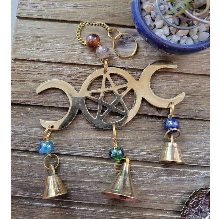 Triple Moon Pentagram Wind Chime Brass with Beads for wholesale by My Magic Place Shop
