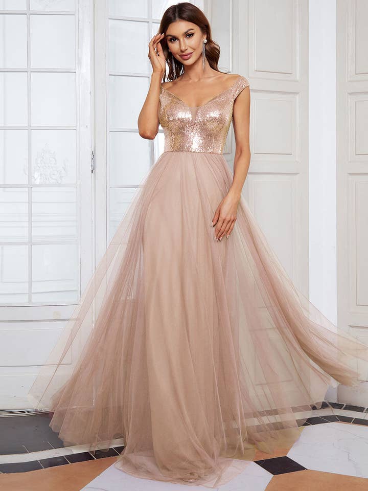 Ever-Pretty – Engroshandel Kjole - Dame – Aftenkjole uden skulder tyl og pailletter