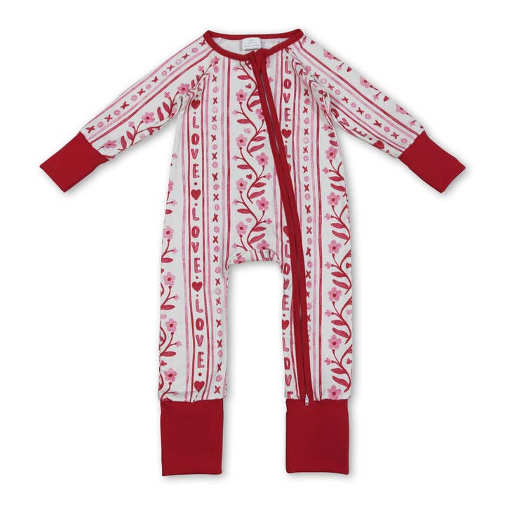 Red heart love floral baby girls Valentine's zipper romper for wholesale by Yawoo Garments