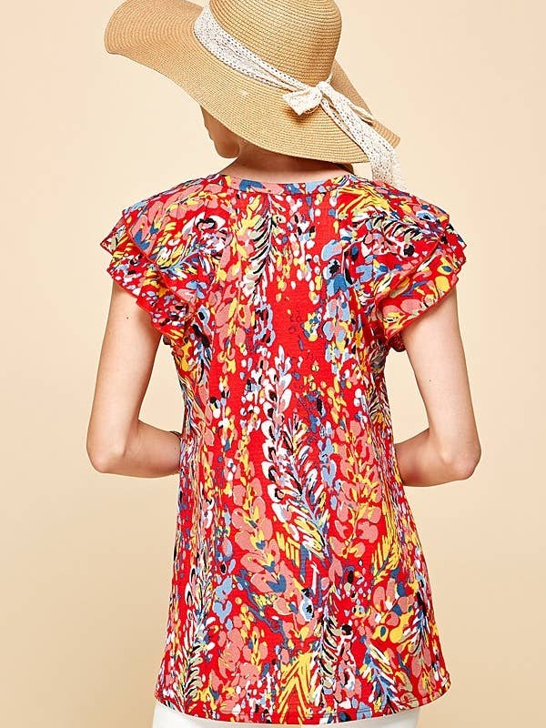 Red SPT5077-100PR WOMEN PLUS SIZE FLORAL V NECK RUFFLE TOP for wholesale on Faire