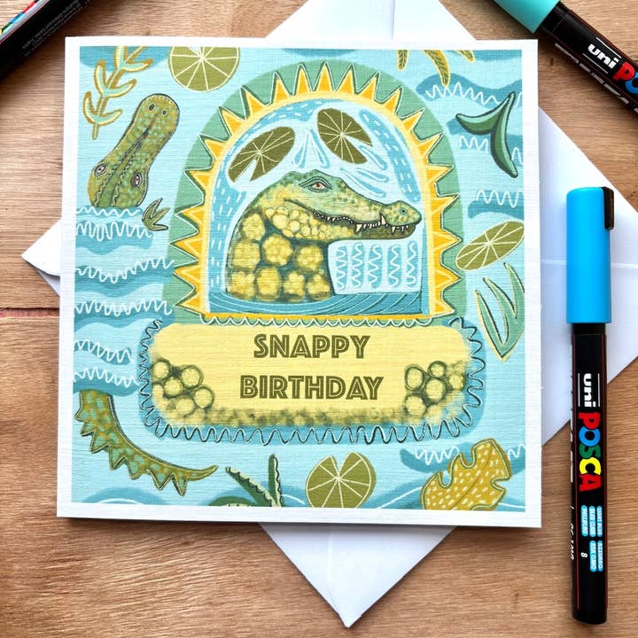 Biglietto di Compleanno con Coccodrillo, Biglietto di Compleanno con Gioco di Parole, Compleanno Scattante. per la vendita all'ingrosso da parte di Slumbermonkey Designs