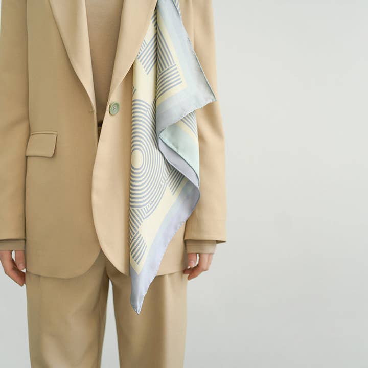 Light Blue "Linear Language” Silk Bandana Scarf for wholesale on Faire