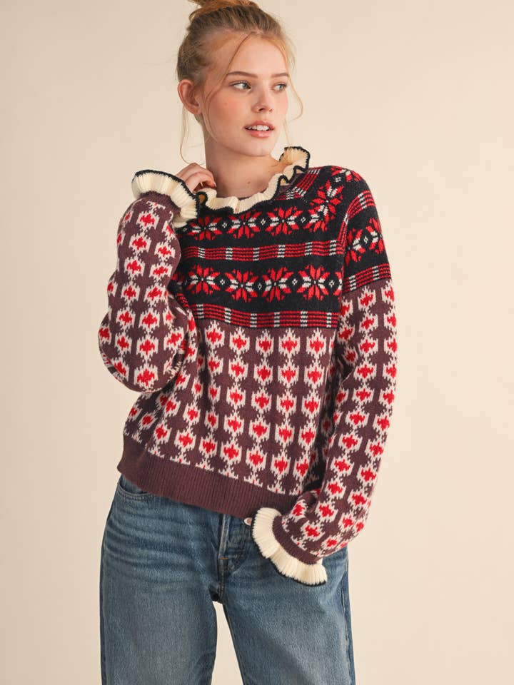 RUFFLED MOCK NECK FAIR ISLE SWEATER MSW10961 for wholesale by &MERCI