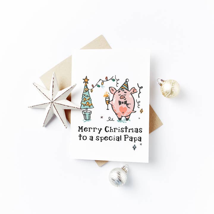 Merry Christmas Papa Card - Pig Champagne Design for wholesale by Flash On A String Designs