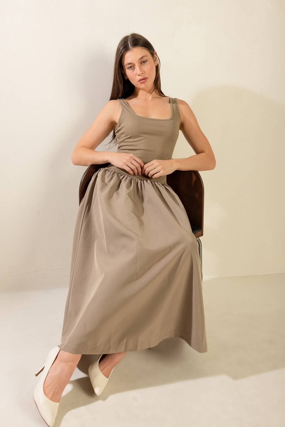 A solid knit/woven combination midi dress - FD1147 TAUPE for wholesale on Faire8