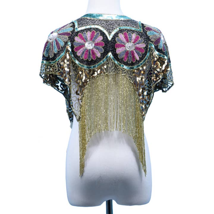 Western Fashion - Wholesale Wrap - Women's - 8897 - Beaded Shawl Multi - with Gold Fringe & Zipper