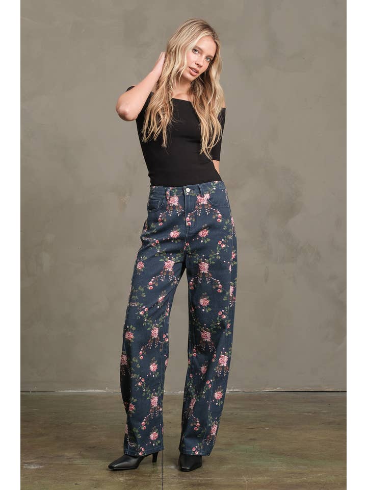 BLOSSOM BLUE Floral Printed Barrel Leg Denim Pants - RB1061 for wholesale on Faire2