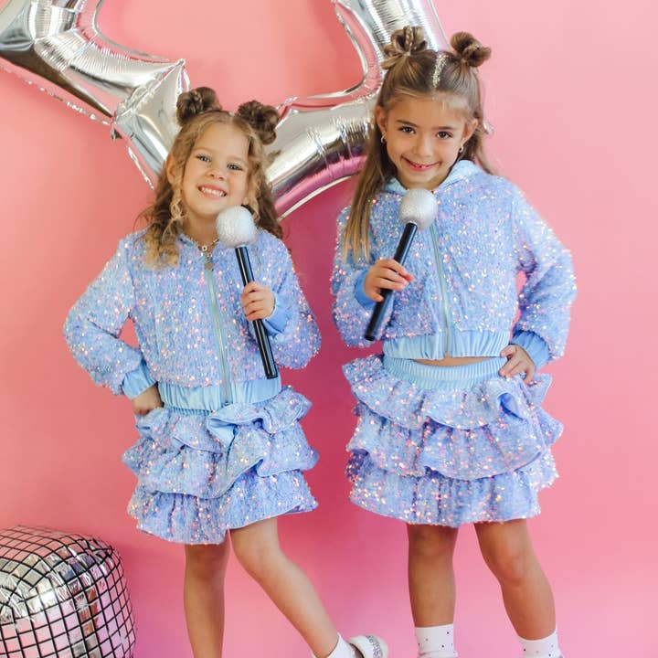 Ellie and Mila - Wholesale Top & Skirt Set - Kids - Blue Sequin Two Piece Set