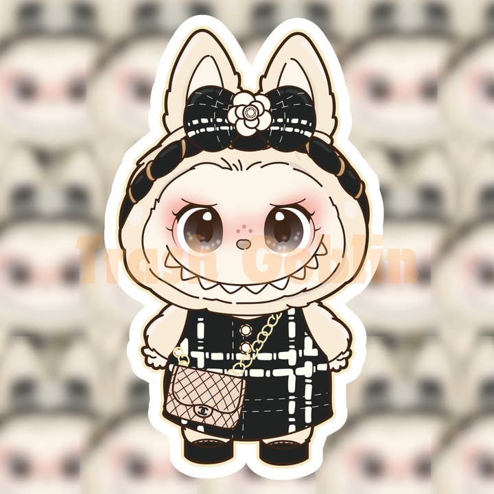 Aufkleber mit schwarzem Tweed-Kleid von Labubu aus Vinyl für den Großhandel von Trash Goblin