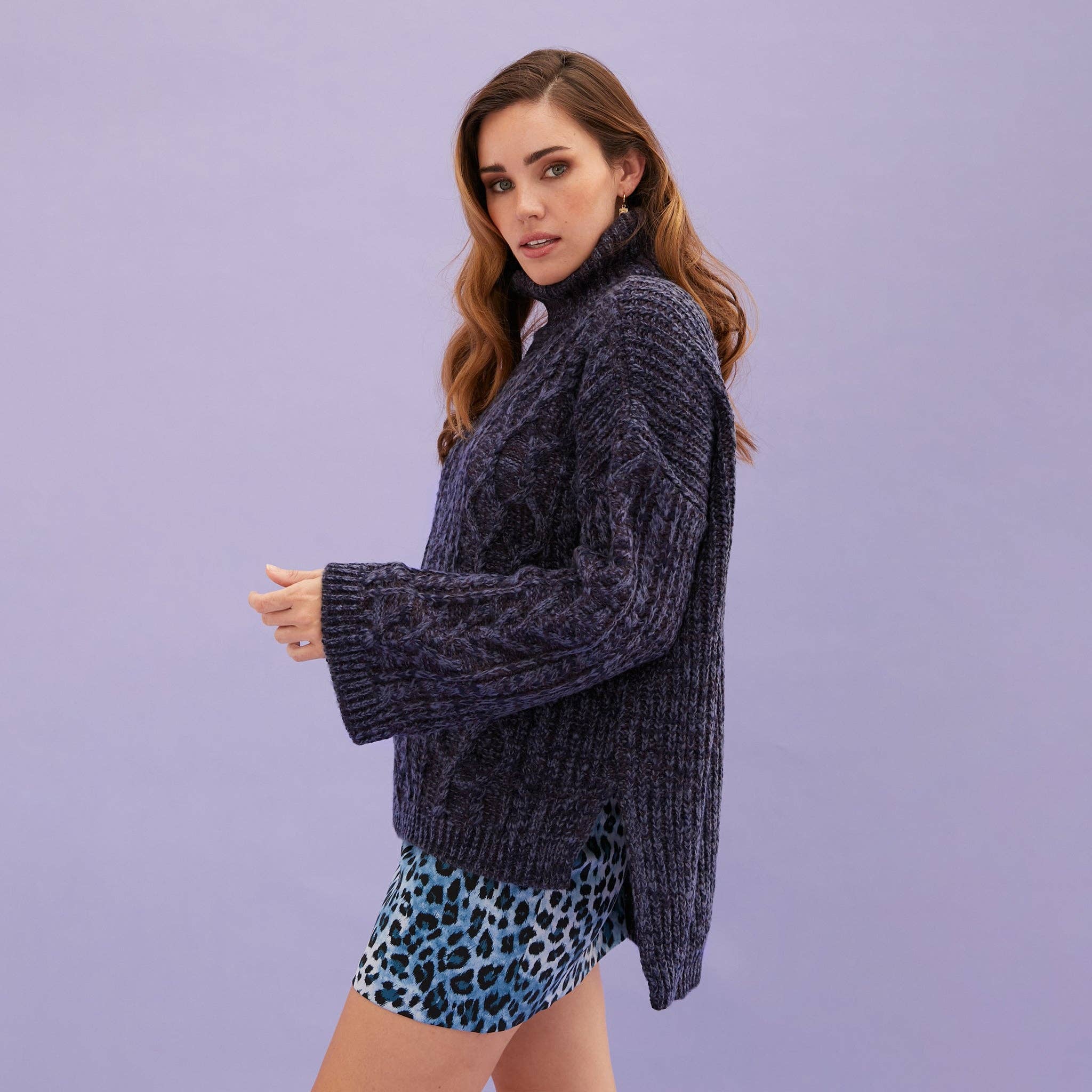 Cara & The Sky - Wholesale Knit Sweater - Women's - Emily Cable Roll Neck Tunic Jumper - Navy Blue3