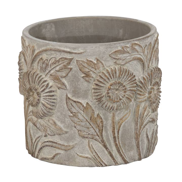 A18600: Molded cement pot cover,floral designs,ant wash,6in for wholesale by Silver Tree Home & Holiday