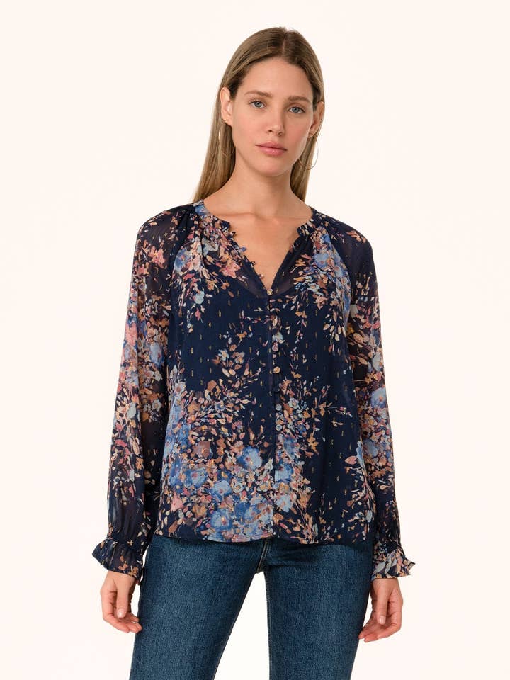 Navy Dusty Blue Lurex Floral Button Front Long Sleeve Blouse for wholesale on Faire