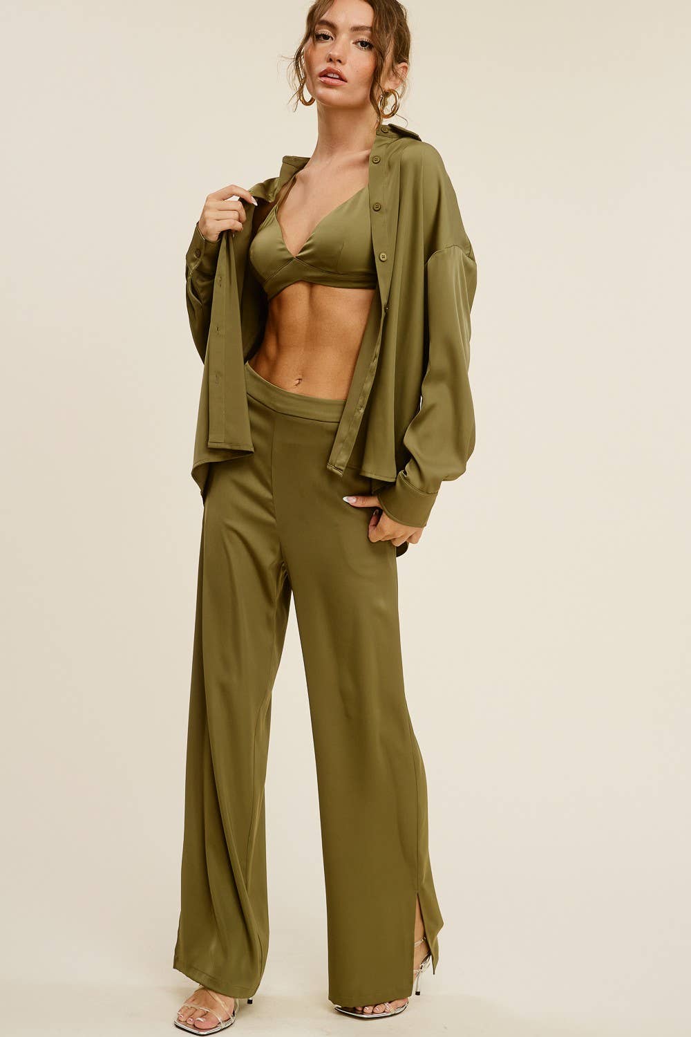 Olive Silk Effect Three Piece Matching Set for wholesale on Faire1