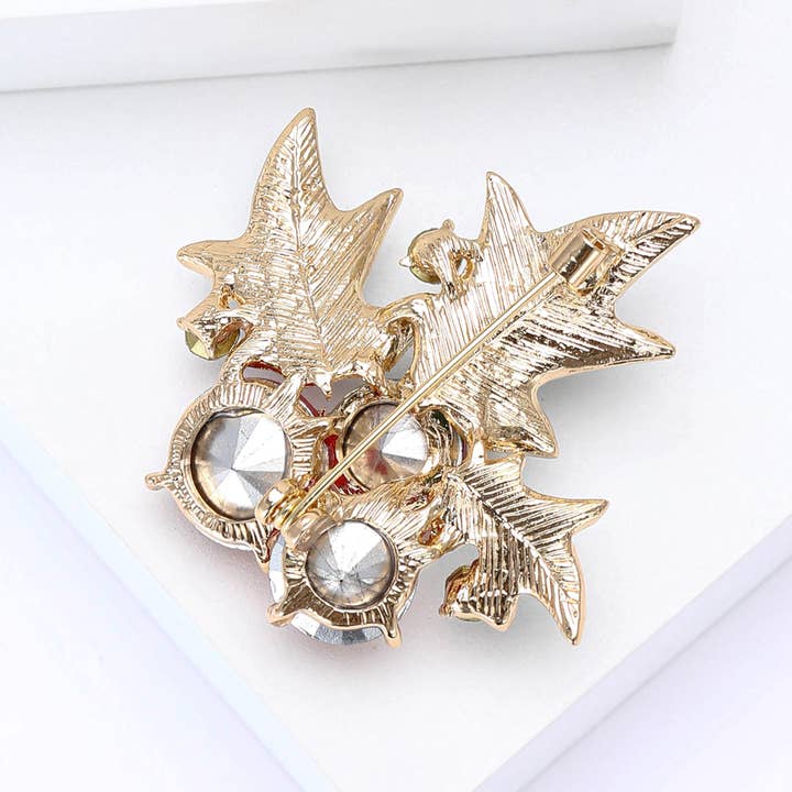 Tourtiwi - Wholesale Brooch - Christmas Red Berries & Green Leaves Rhinestone Holly Brooch4