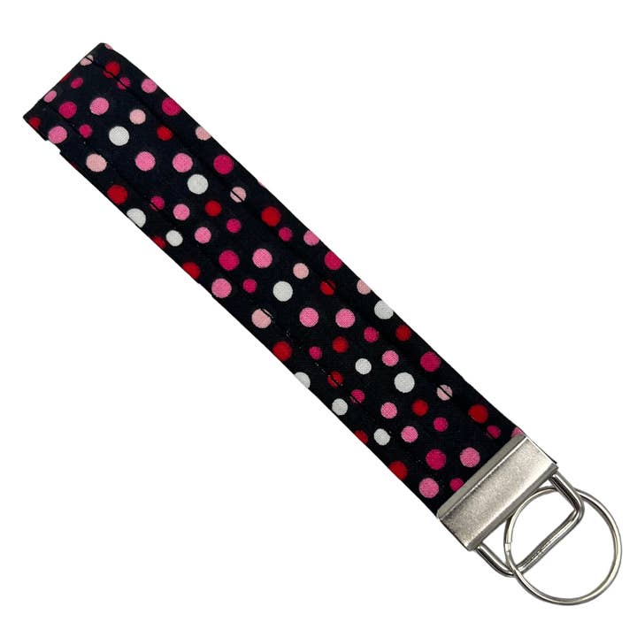Black & Pink Polka Dot Fabric Keychain Wristlet, Key Fob for wholesale by The Sticker Lab