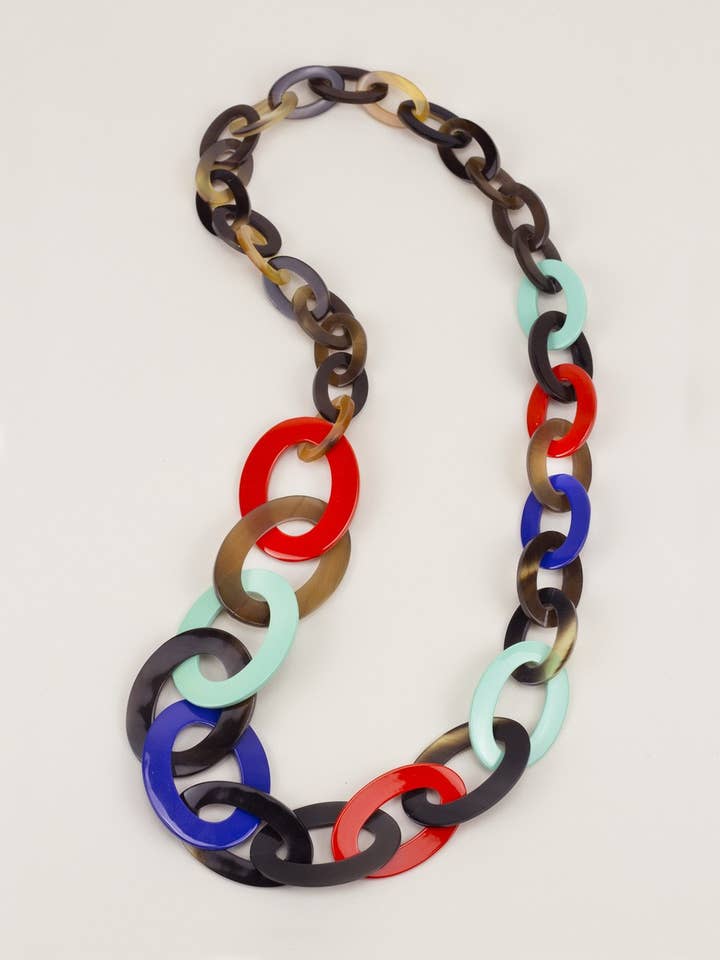 Collier long à anneaux ovales plats de 3 tailles en turquoise, indigo et laque orange pour la vente par rivêt - L'Indochineur