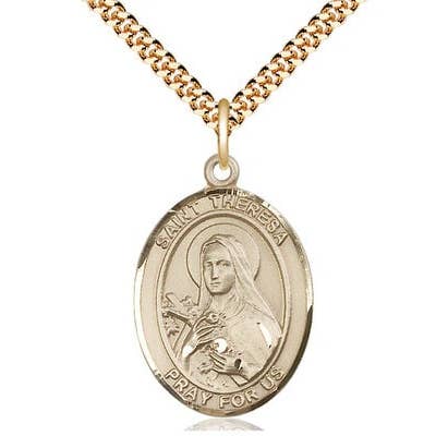 St Theresa 14kt Gold Filled Pendant on a 24 inch Gold Plate Heavy Curb Chain. for wholesale by NYMAN JEWELERS