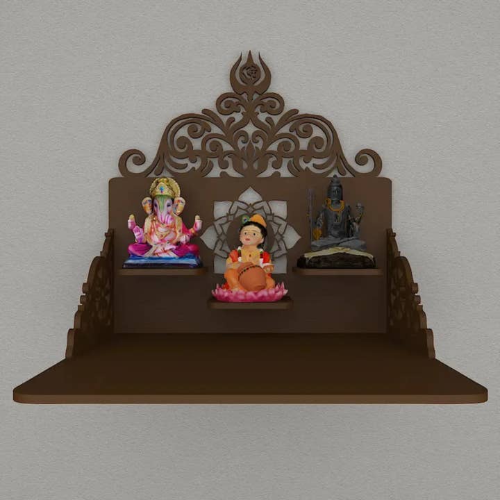 Beautiful Wall Wooden Temple Design with Shelf, Brown, Small for wholesale by GoGlocal