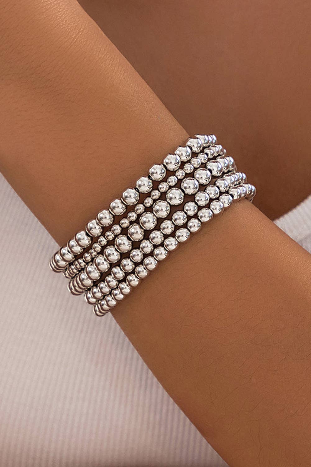 Silvery 5pcs Layered Bracelets Set Round Ball Beads Chain for wholesale on Faire1