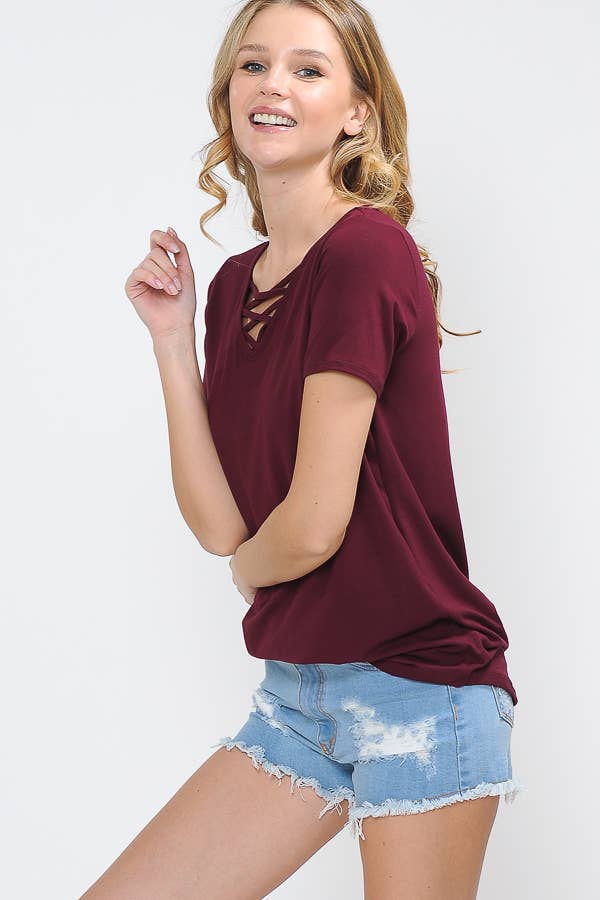 Burgundy Apparel - Wholesale Knit Top - Women's - CRISS CROSS SHORT SLEEVE TOP6