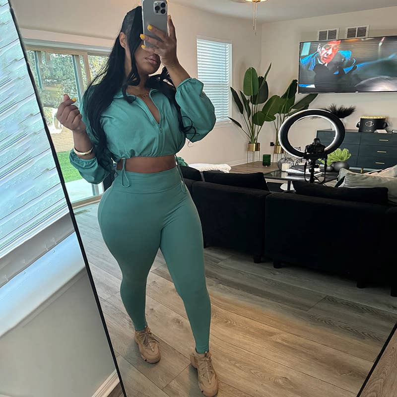 Lily Clothing - Wholesale Top & Pant Set (NOT Loungewear) - Women's - Drawstring Crop Top High Waist Skinny Pants Set0