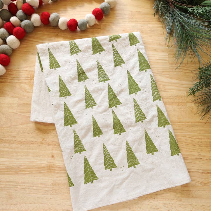 *NEW Christmas Tree Tea Towel, Handprinted on Natural Cotton for wholesale by The High Fiber