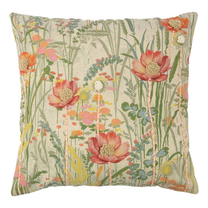 coussin brodé fleurs sauvages coquelicot rose 60x60cm pour la vente par Mars & More - Brand of B Living