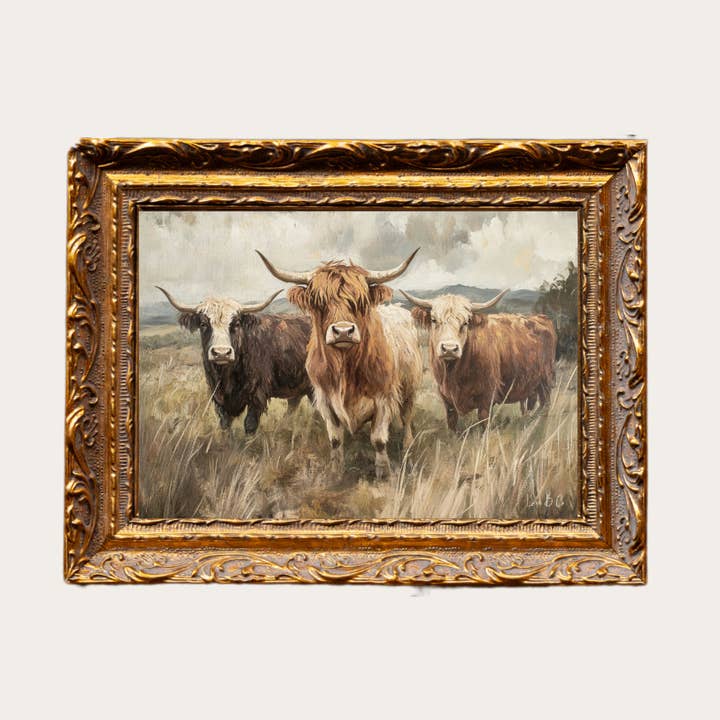 Highland Cow Herd | French Brass Inspired Gold Mould Framed Art for wholesale by Luxe B Co