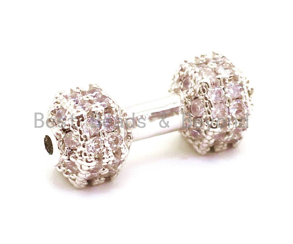BestBeads&Beyond - Venta al por mayor Abalorios/colgantes individuales - CZ Dumbbell Clear Micro Pave Beads, cuentas espaciadoras de circonita cúbica, espaciador de barra de fitness, dijes de pulsera para hombre, 16x6mm sku #G1293