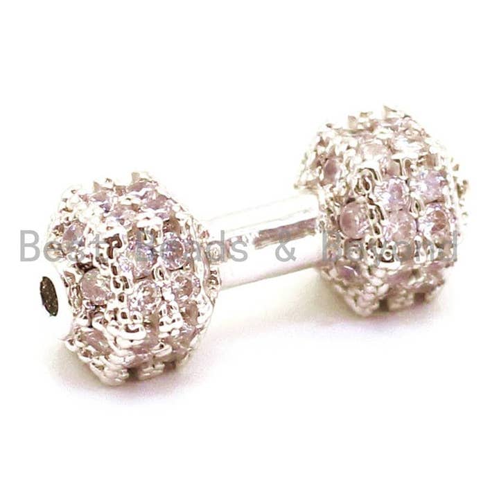 BestBeads&Beyond - Venta al por mayor Abalorios/colgantes individuales - CZ Dumbbell Clear Micro Pave Beads, cuentas espaciadoras de circonita cúbica, espaciador de barra de fitness, dijes de pulsera para hombre, 16x6mm sku #G1293