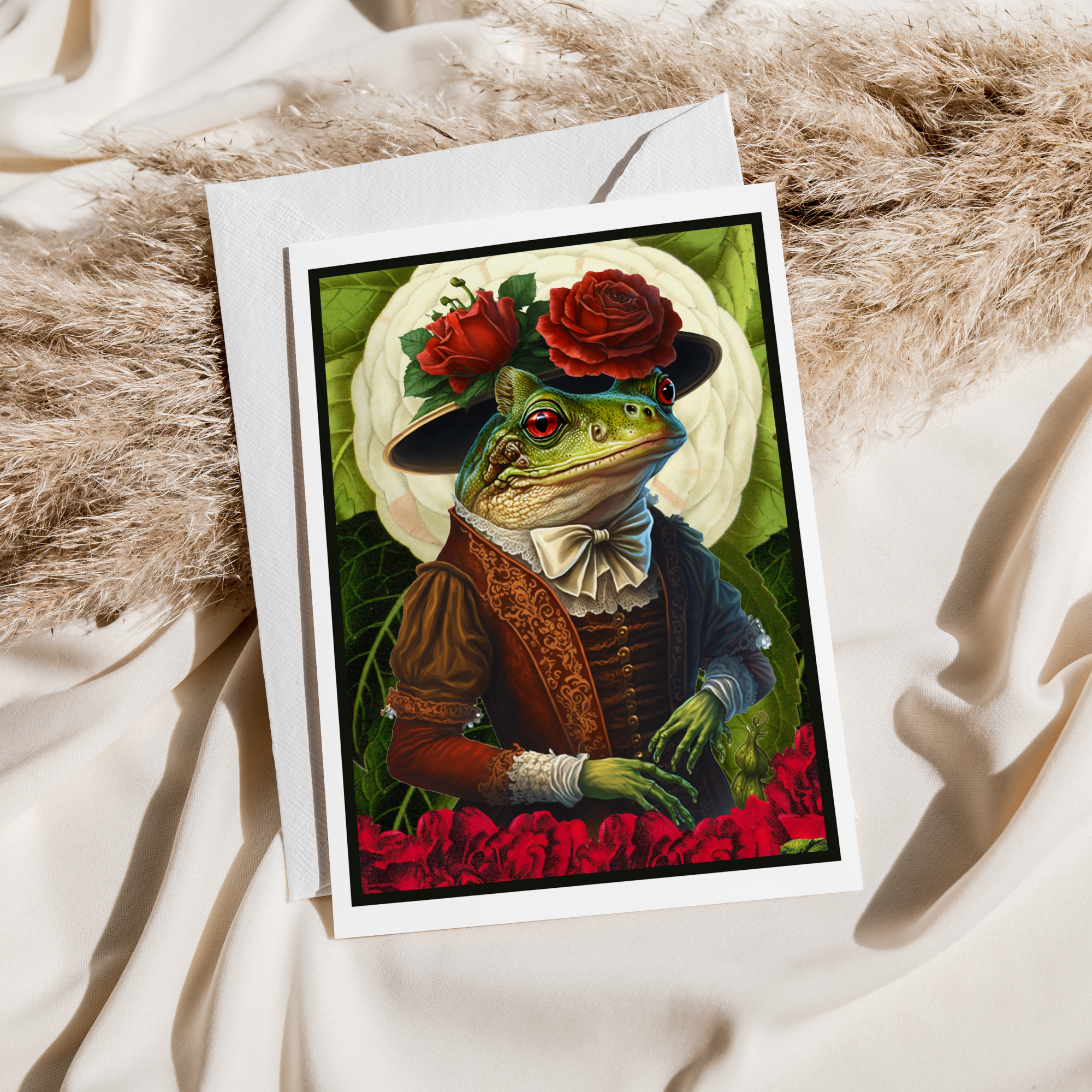 Cheerful Whimsies – Engroshandel Hverdagshilsen kort – Lykønskningskort. Smart klædt frø med blomster.1