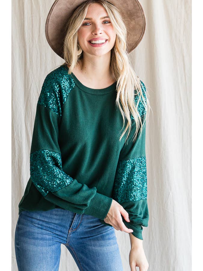 7th Ray - Wholesale Knit Top - Women's - Women's Casual Brush Knit Top with Sequin Contrast T4399