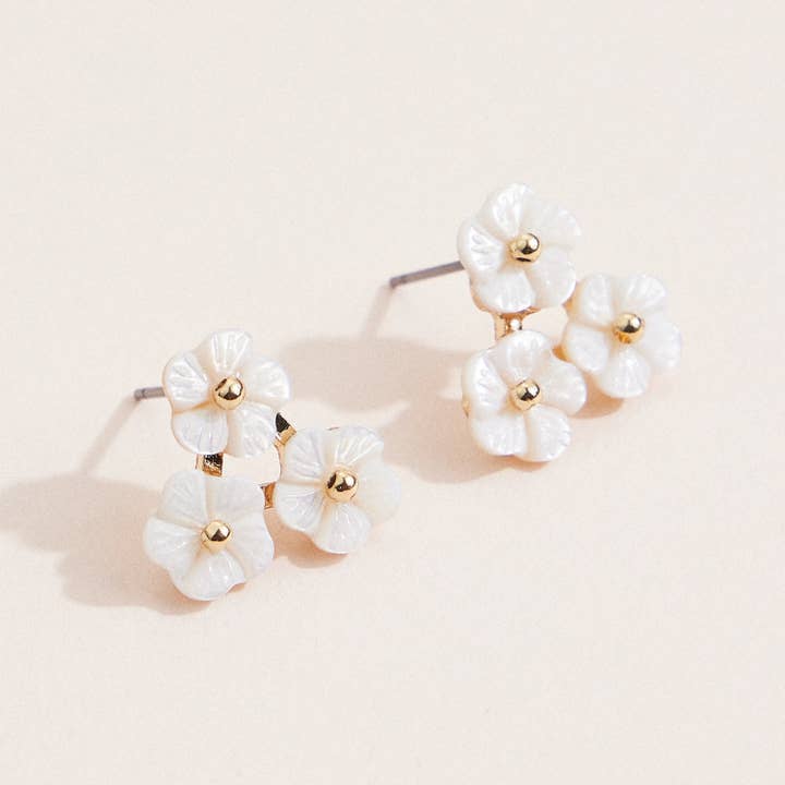 Mother of Pearl Triple Flower Earrings with Gold Accents for wholesale on Faire