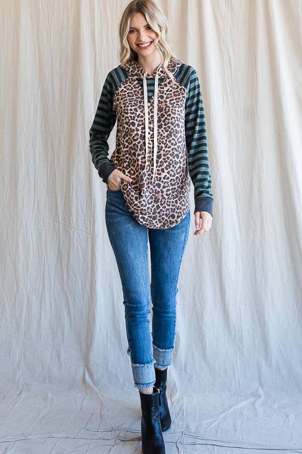 7th Ray – Großhandel Hoodie – Damen – Leopardenstreifen Ärmel Kordelzug Kapuzenpullover T44365