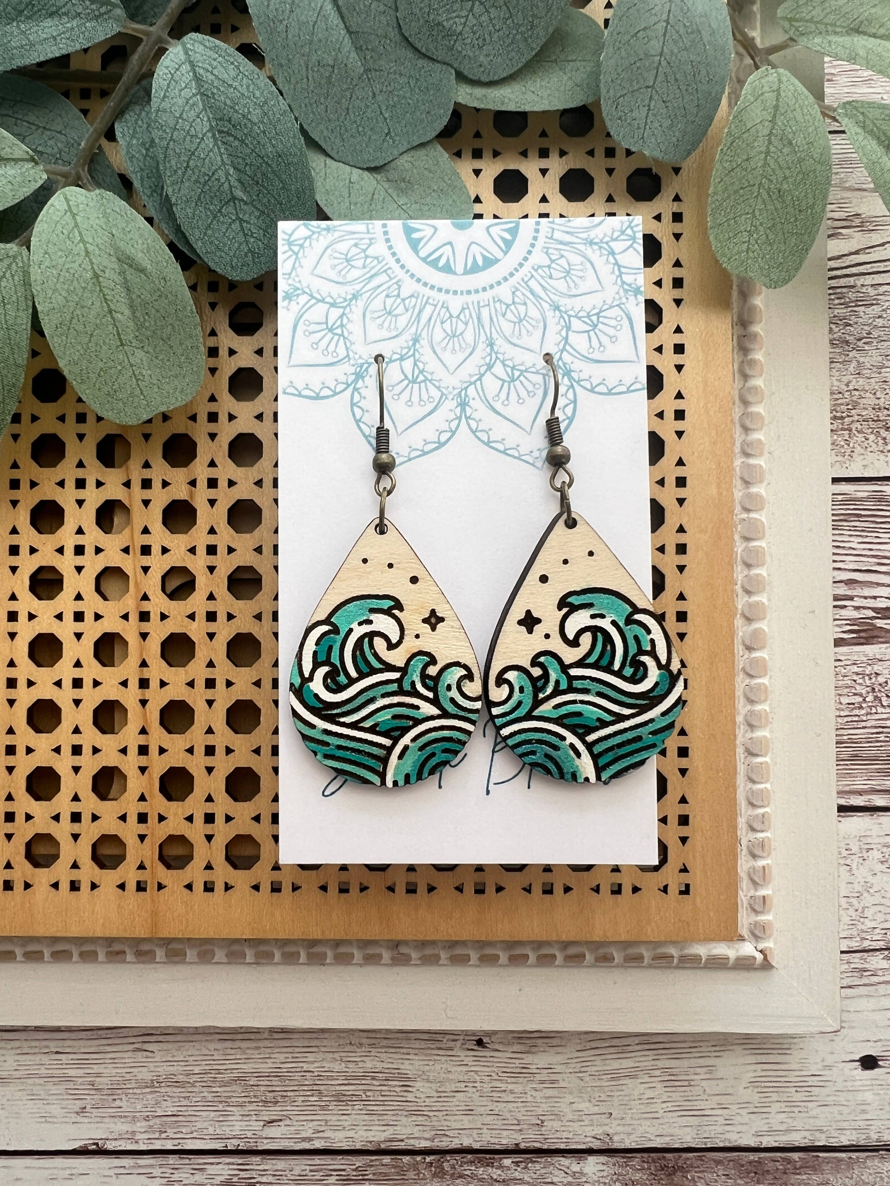 Seasideblooms - Wholesale Dangle Earrings - Beach waves ocean hand painted lightweight wood 2