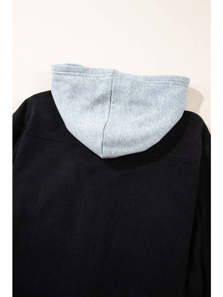Black Hooded Drawstring Pockets Corduroy Shacket for wholesale on Faire6