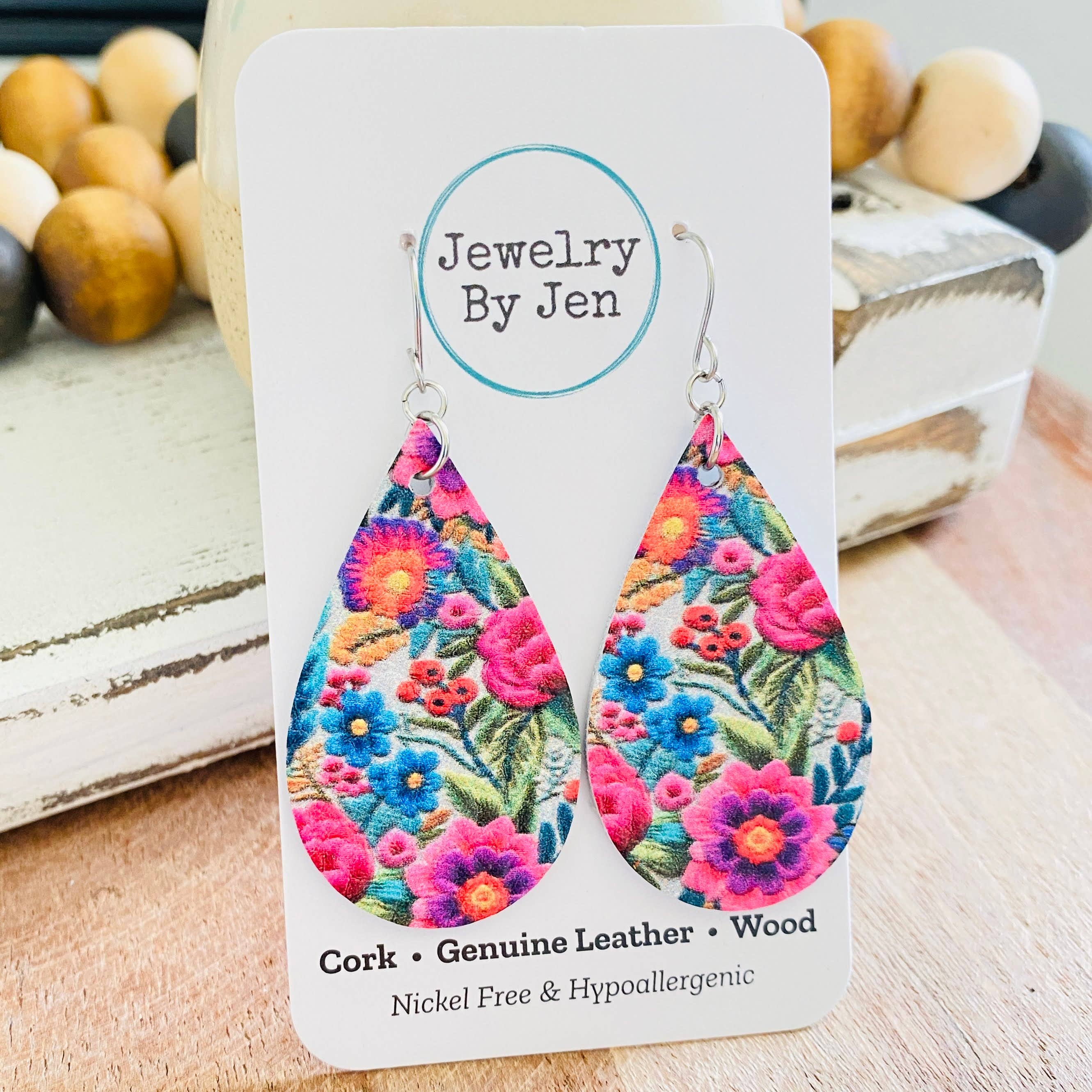 Jewelry By Jen - Wholesale Dangle Earrings - Medium Teardrop Earrings: Bright Folk Floral2