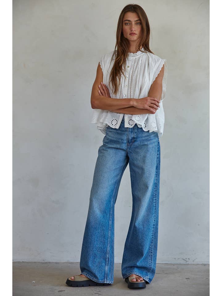By Together - Wholesale Button Down Shirt - Women's - L8162 | Woven Cotton Eyelet Buttondown Sleeveless Top