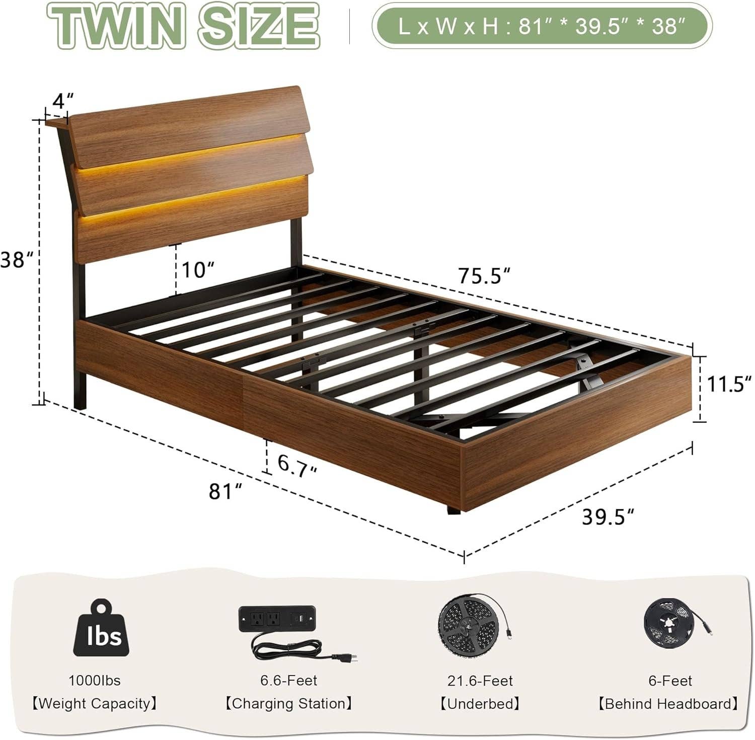 Walnut Twin Size Floating Bed Frame With RGB LED Lighting for wholesale on Faire1
