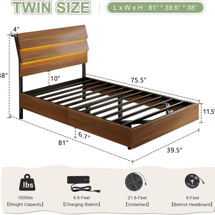 Walnut Twin Size Floating Bed Frame With RGB LED Lighting for wholesale on Faire1