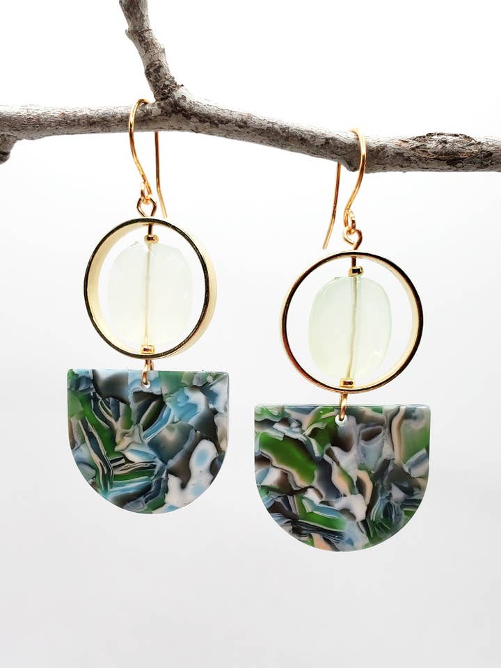Earrings, Blue, Green Resin with Gold Hoops, Aria for wholesale by Jezabel Adornment