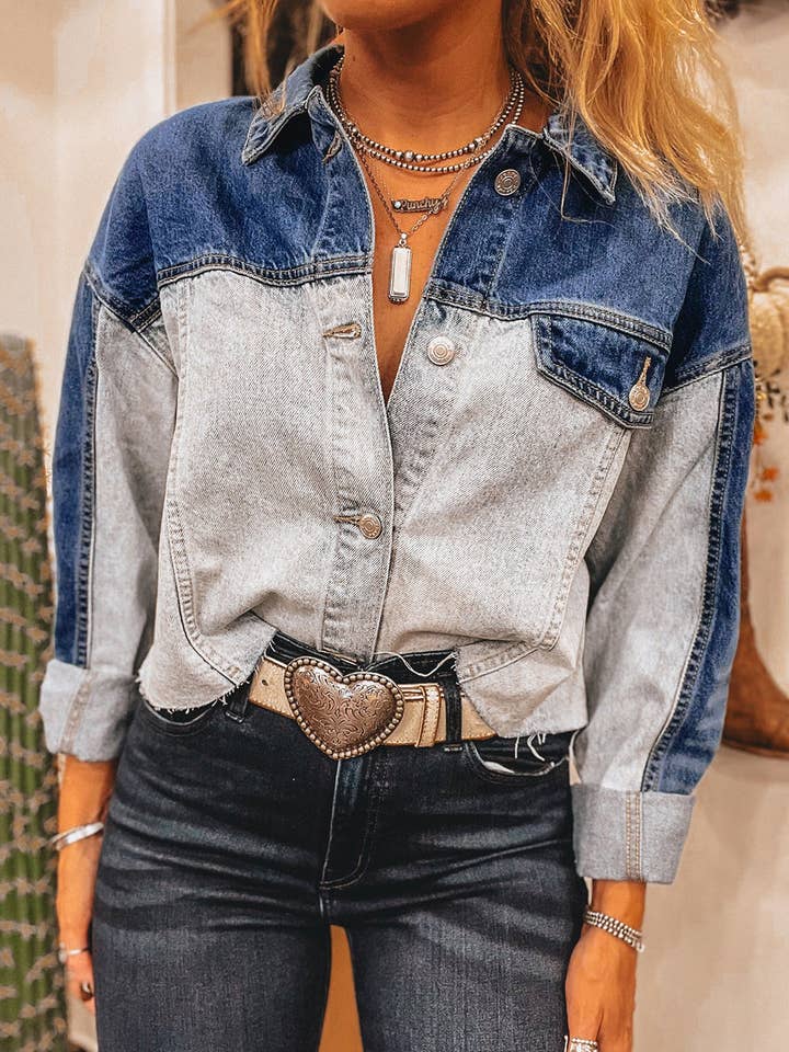 Dusk Blue Color Block Patchwork Flap Detail Distress Denim Jacket for wholesale by Azzurro