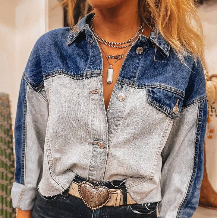 Dusk Blue Color Block Patchwork Flap Detail Distress Denim Jacket for wholesale by Azzurro