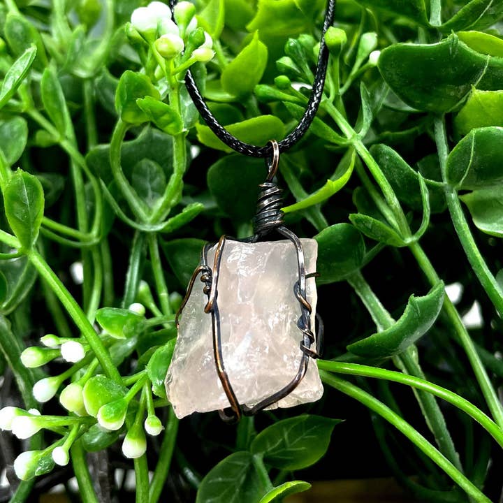 Wire Wrapped Rough Rose Quartz Gemstone Pendant for wholesale by Handmade by Marlayna