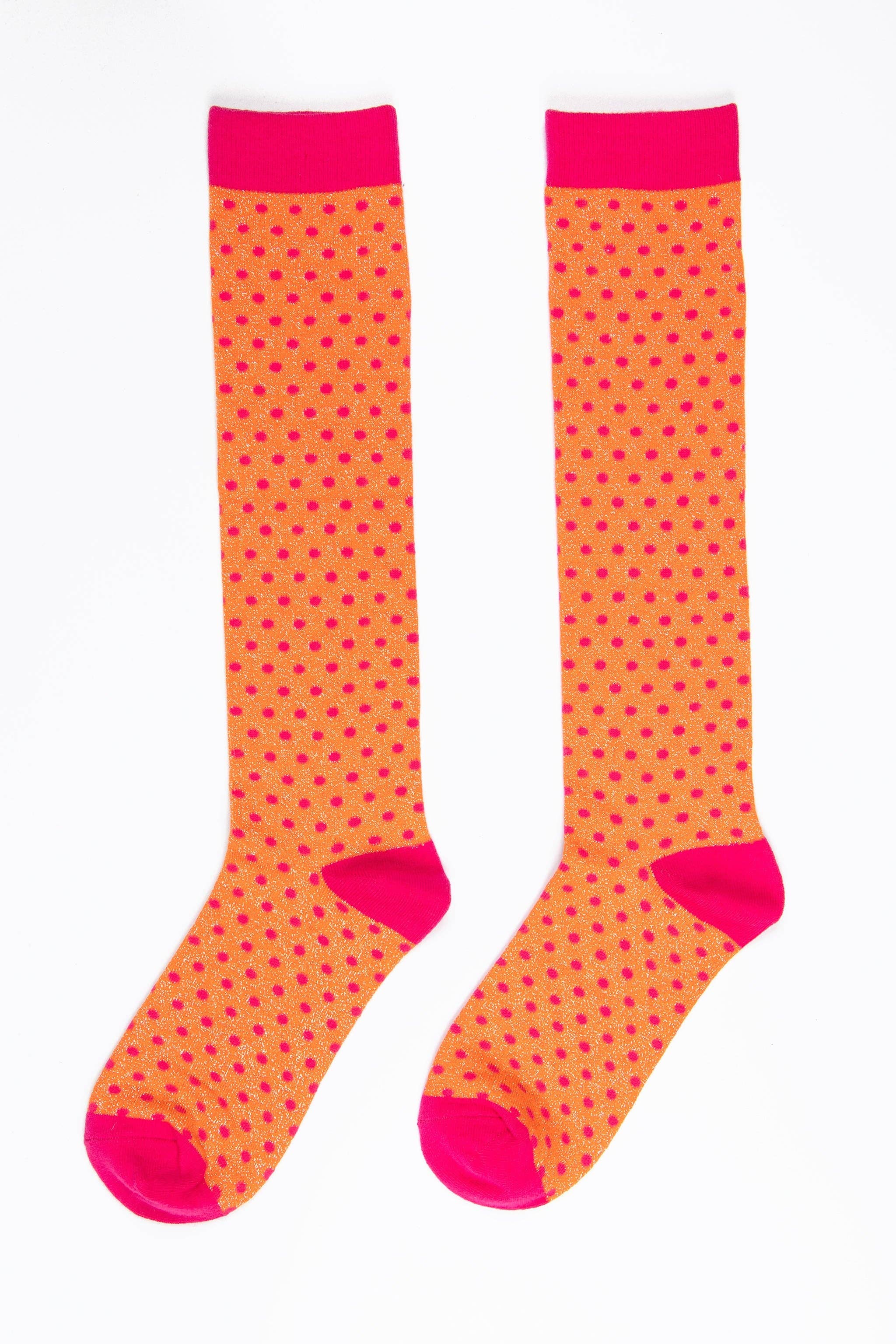 Sock Talk - Wholesale Sokken - Dames - Kniehoge glittersokken voor dames, oranje/fuchsia, polka dot
