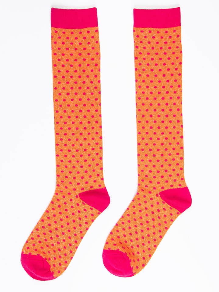 Sock Talk - Wholesale Socks - Women's - Women's Knee High Glitter Socks - Orange/Fuchsia, Polka Dot