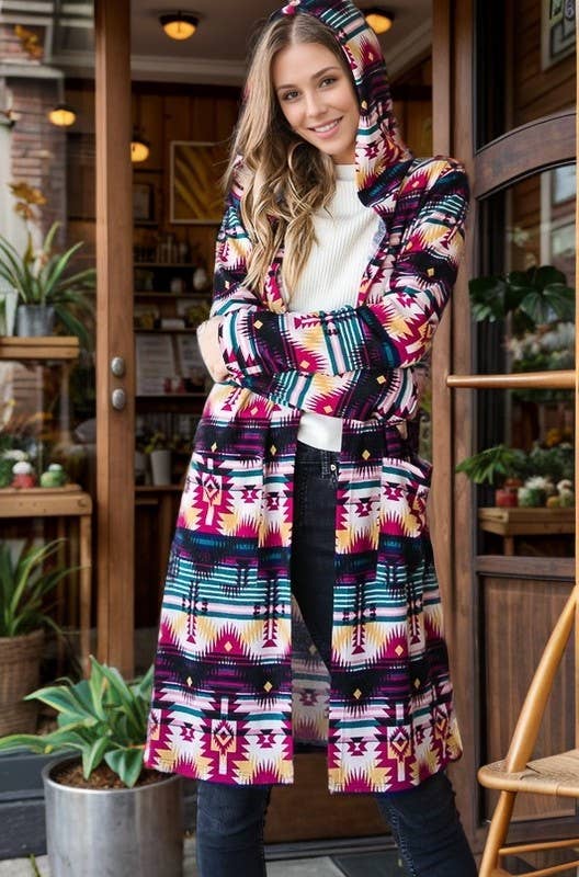 EJ6708-10 HOOD MULTI COLOR AZTEC SHACKET WITH POCKET for wholesale on Faire0