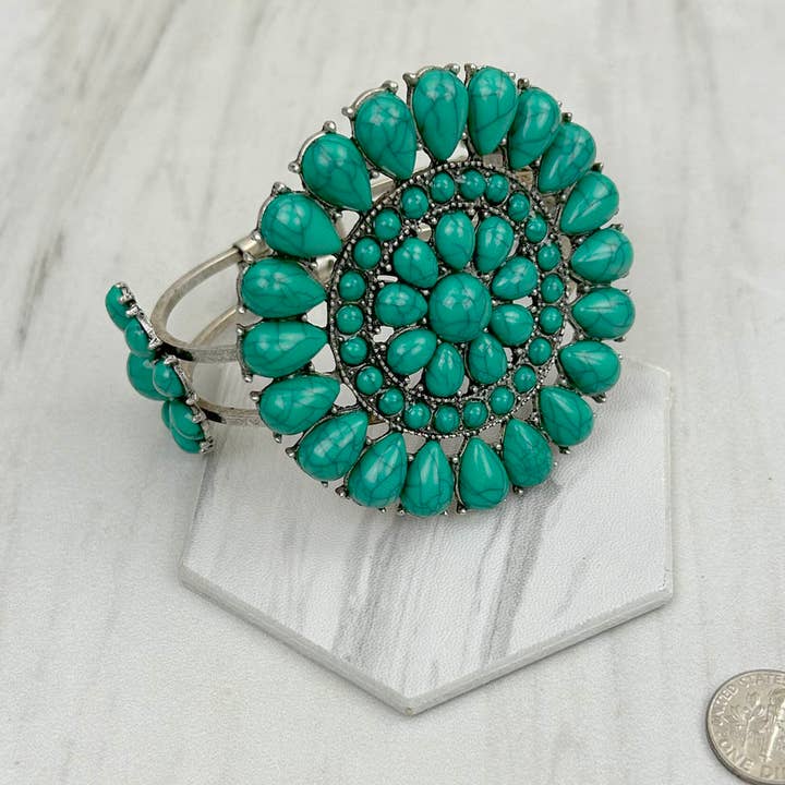BR211230-01-SILVER-GREEN Silver with green turquoise stone Concho Cuff Bracelet for wholesale by Western Elite Jewelry