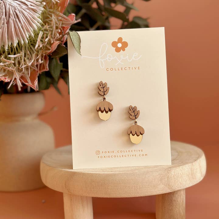Foxie Collective - Wholesale Dangle Earrings - Acorn Earrings | Cherrywood + Gold | WHOLESALE