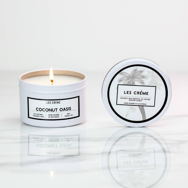 Coconut Oasis Organic Kokosnuss-Wachs Reise-Dose für den Großhandel von Funny Flames Candle Co - Les Creme